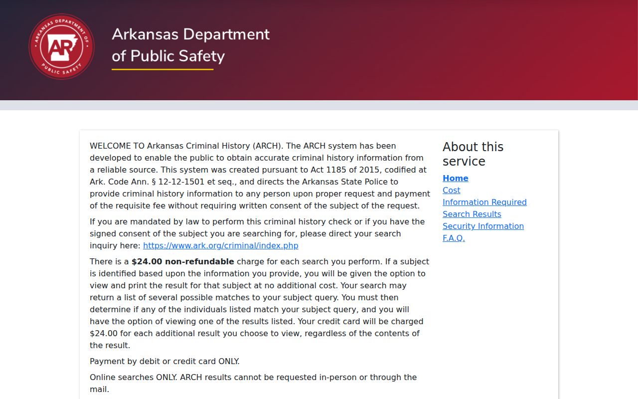 Arkansas ARCH criminal-history search scope information