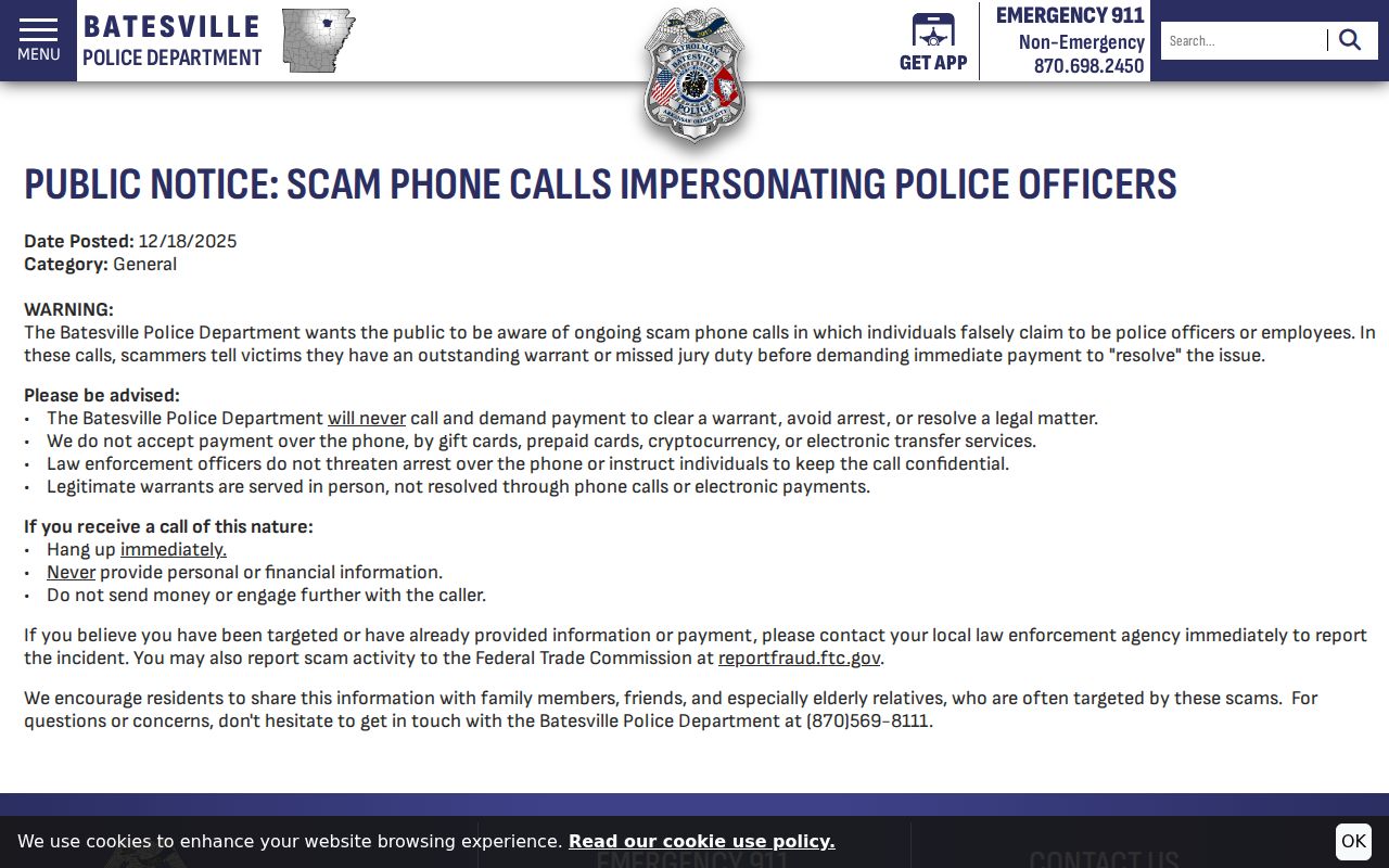Batesville Police warning that officers do not demand phone payment for warrants