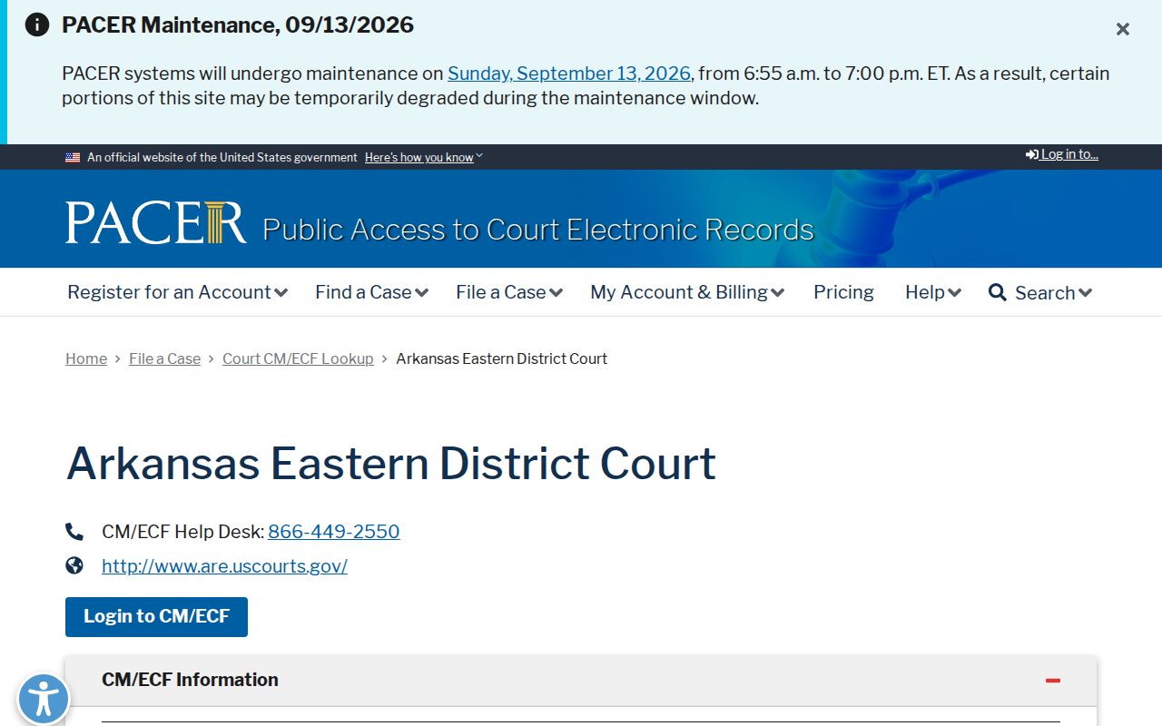 PACER Eastern District of Arkansas federal court lookup
